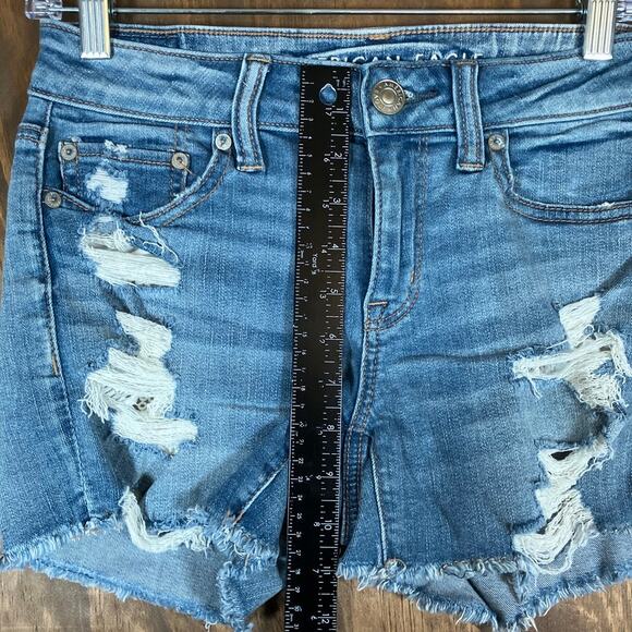 American Eagle Outfitters Womens Shorts Blue Denim Midi Distressed Stretch 4 - Picture 8 of 11
